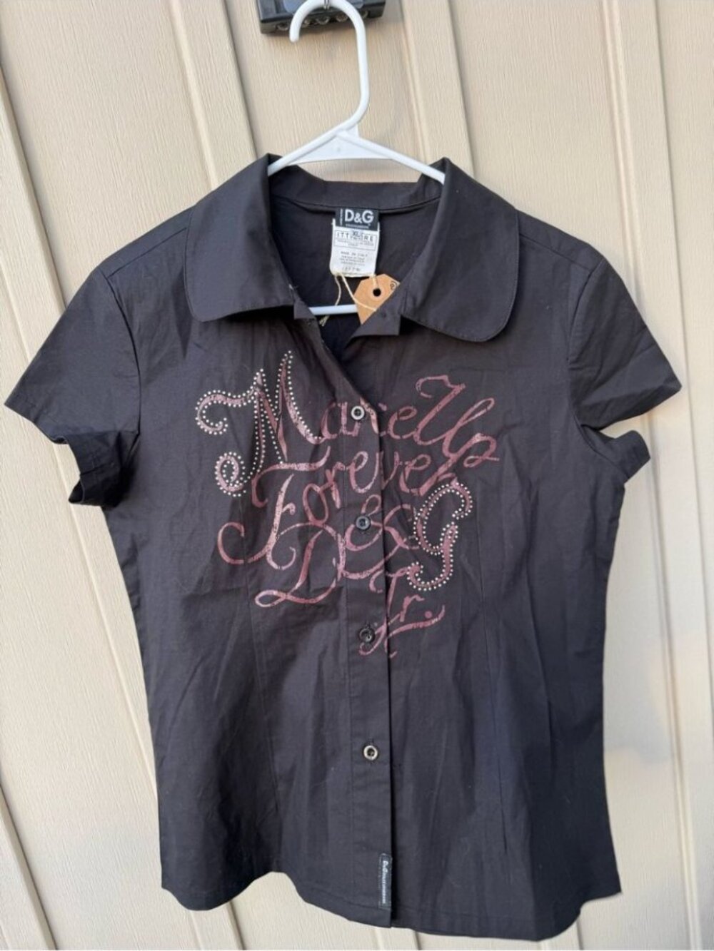 D&G Y2K Vintage Cotton Black Short Sleeve Shirt with Pink Script and Studs